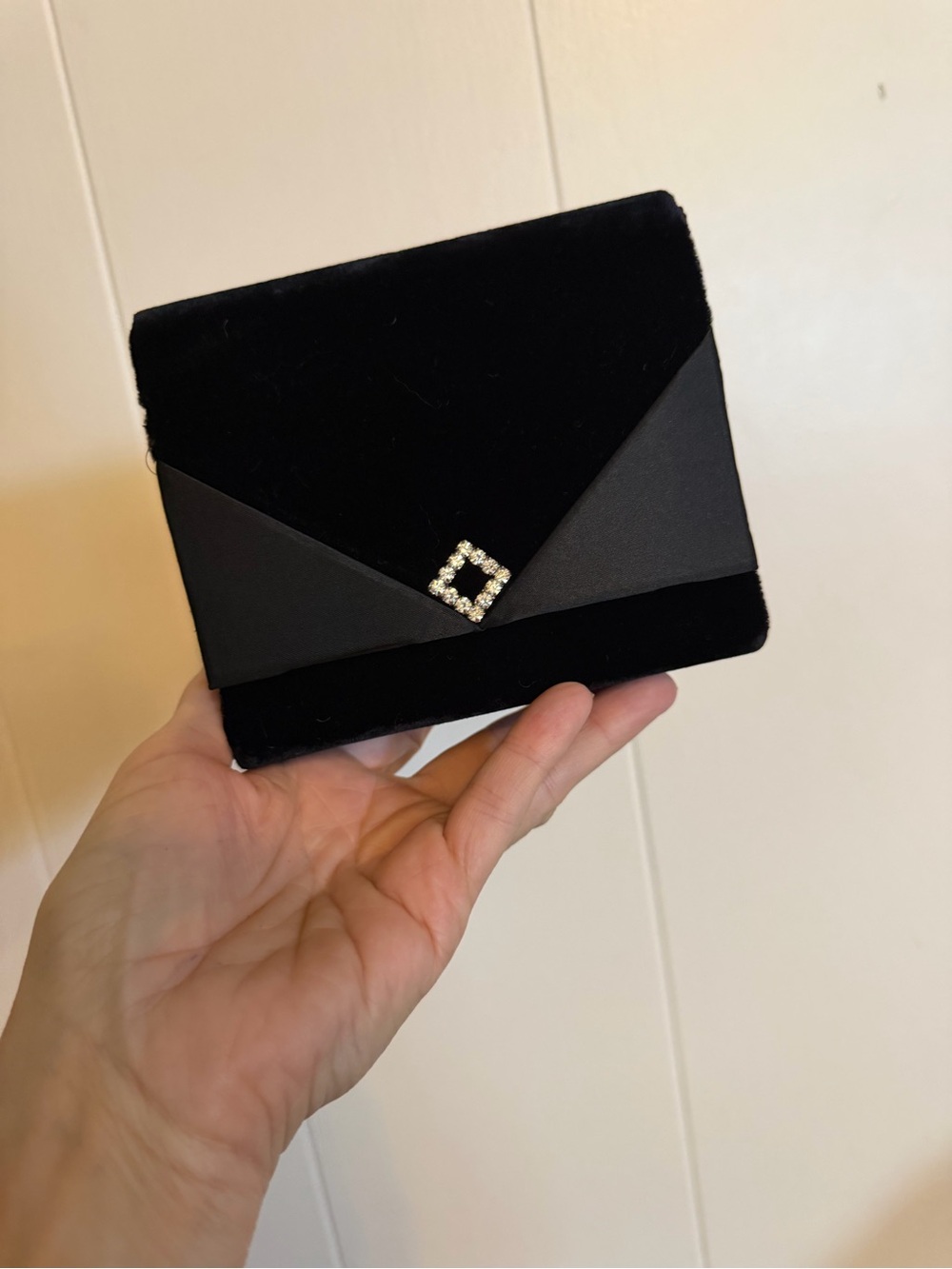 Black Velvet Envelope Clutch with Rhinestone Accent and Shoulder Strap